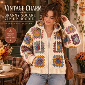 May include: A crochet zip-up hoodie featuring a multi-colored granny square pattern with cream-colored borders, cuffs, and hem. The text on the image reads: VINTAGE CHARM GRANNY SQUARE ZIP-UP HOODIE CROCHET PDF PATTERN INSTANT DIGITAL DOWNLOAD.