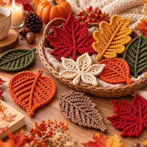 May include: A collection of crocheted leaf-shaped coasters in various autumn colours including red, orange, yellow, green, brown, and cream. The leaves are arranged inside and around a woven wicker basket on a wooden surface with seasonal decor.