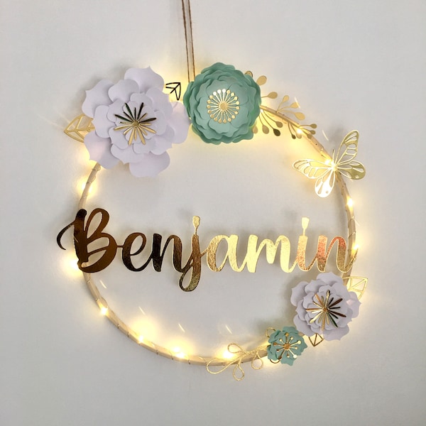 Veilleuse garçon bébé led personnalisé prénom couronne mobile fleur lumineuse décoration chambre cadeau naissance anniversaire baby shower