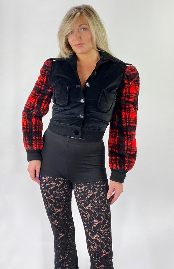1970s Glam Rock Jacket/Plaid Faux Fur Sleeves/Shor