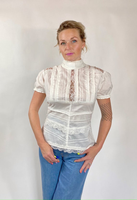 Vintage 70's Lace High Collar Blouse Boho Prairie