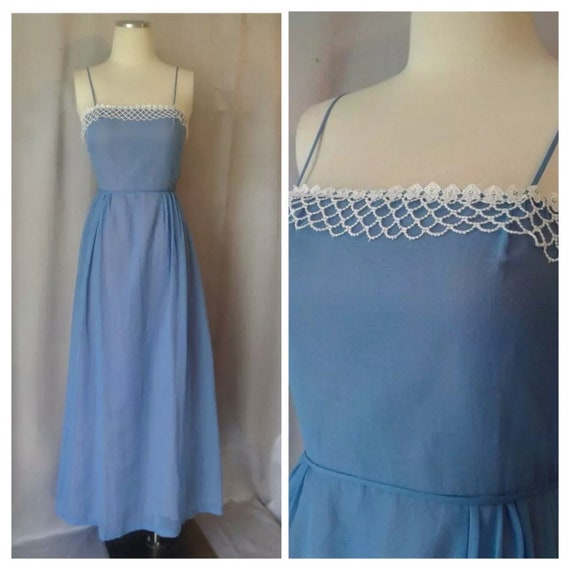 Romantic Chambray Blue Boho Prairie 1970s Vintage