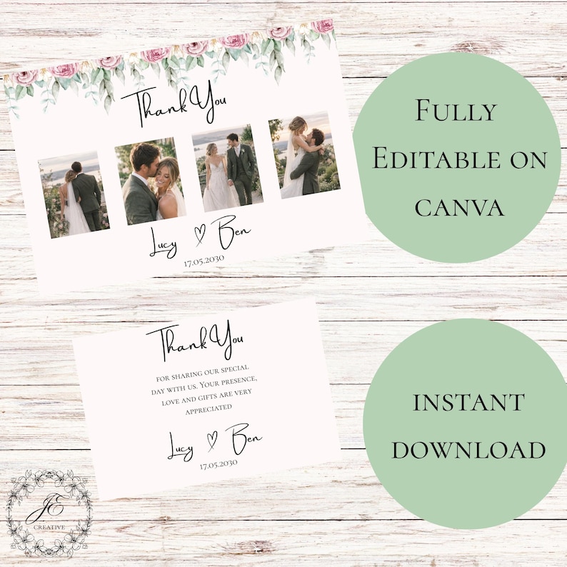 Blush Pink Rose Wedding Thank You Card Editable Template (digital ...