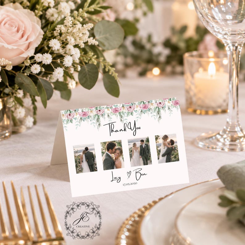 Blush Pink Rose Wedding Thank You Card Editable Template (digital ...