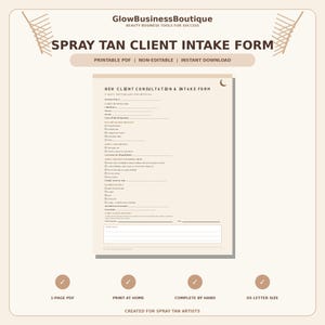 Könnte beinhalten: Ein beigefarbenes Spray-Tan-Kundenaufnahmeformular mit dunkelbraunem Text. Das Dokument enthält Abschnitte für Kundeninformationen, Bräunungshistorie, Hautpflegeüberlegungen und gewünschte Ergebnisse sowie ein Mondsichel-Symbol oben rechts.