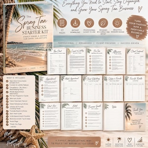 Könnte beinhalten: Ein Spray-Tan-Business-Starter-Kit mit 17 druckbaren Formularen und Anleitungen. Das Set enthält Kundenberatungs-, Einverständnis- und Behandlungsformulare, die alle mit einem tropischen Strandthema und Palmenmotiven gestaltet sind.