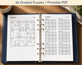 A5 Sudoku Notebook Insert Printable PDF, 36 Graded Puzzles with Solutions and Solve Log