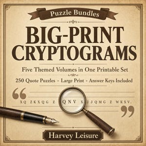 Paquete imprimible de criptogramas en letra grande, 250 criptogramas con citas en formato PDF con claves de respuestas.
