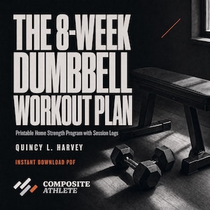 May include: A digital document titled The 8-Week Dumbbell Workout Plan by Quincy L. Harvey. The text includes Printable Home Strength Program with Session Logs and Instant Download PDF. A black dumbbell and a workout bench are visible.