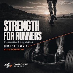 Puede incluir: Una portada de documento digital titulada STRENGTH FOR RUNNERS, Printable 8-Week Training Workbook por Quincy L. Harvey. La imagen presenta un diseño de dos tonos que muestra a un corredor en una carretera y a una persona levantando una barra hexagonal.