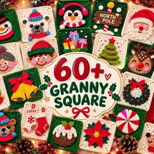 Può includere: Una collezione di quadrati all'uncinetto con temi natalizi tra cui Babbo Natale, un pupazzo di neve, una renna, un omino di pan di zenzero, un albero di Natale, campane e un cartello North Pole, con il testo 60+ GRANNY SQUARE.
