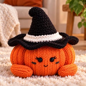 Puede incluir: Un juguete de peluche de calabaza naranja tejido a ganchillo con un sombrero de bruja negro con una banda blanca. La calabaza tiene dos ojos de botón negros, pestañas bordadas y una pequeña sonrisa cosida. Incluye dos brazos tejidos.
