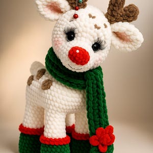 May include: A plush crochet reindeer toy with white yarn body, brown antlers, and a bright red nose. It wears a long green scarf with a red flower accent and green boots with red cuffs. The reindeer has large black eyes with long eyelashes.