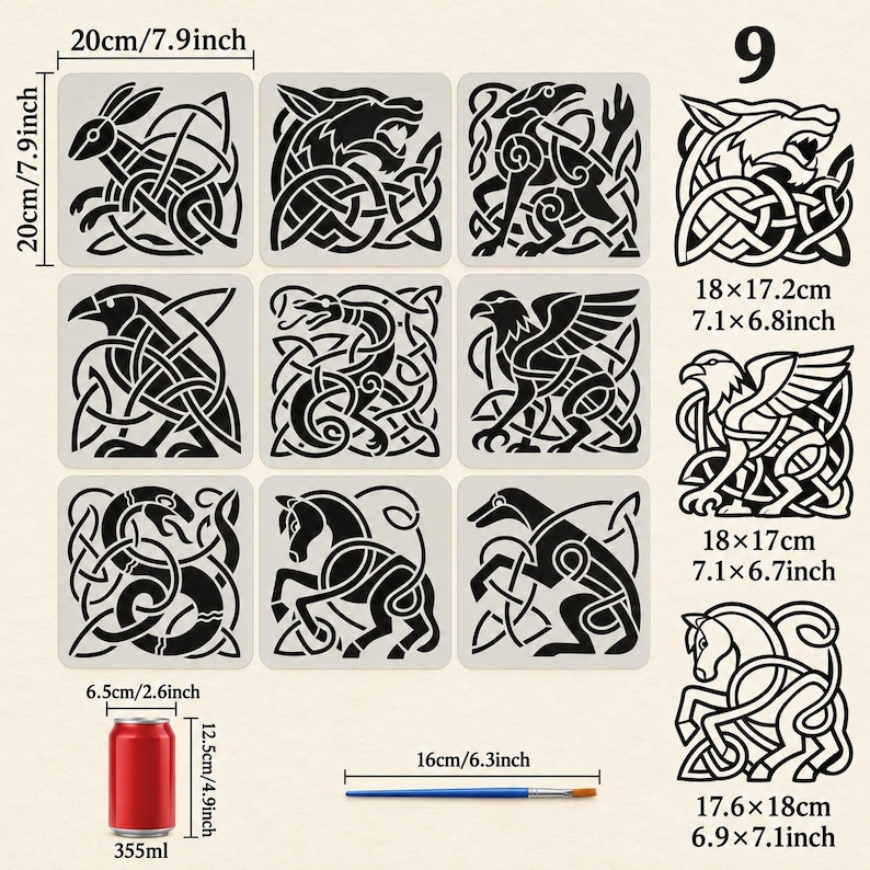 9 Celtic Knot Animal Stencils With Brush, 20x20cm Reusable Plastic ...