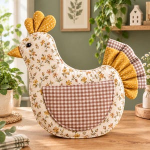 Peut inclure: Un coussin en forme de poule en tissu crème avec un petit motif floral jaune et marron. Il présente une poche à carreaux marron et blanc sur le côté, une crête jaune, un bec jaune et une queue faite de tissu jaune et à carreaux.
