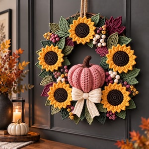 May include: A circular crochet wreath featuring four yellow sunflowers with dark brown centers, green leaves, clusters of small purple and white berries, and a central pink pumpkin adorned with a cream-colored bow, all suspended by a rope.