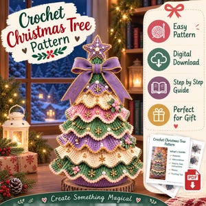 May include: A crochet Christmas tree pattern featuring a tiered, scalloped design in shades of green, cream, and purple. The tree is topped with a star, decorated with gold snowflakes and pearls, and finished with a large purple bow at the top.