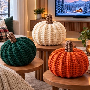 Puede incluir: Tres cojines redondos de ganchillo con forma de calabaza en color crema, verde oscuro y naranja. Cada cojín presenta una textura gruesa y acanalada con un tallo marrón texturizado en la parte superior. Las calabazas están sobre mesas de madera.