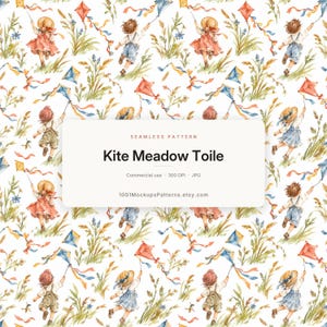 May include: A seamless pattern featuring watercolour illustrations of children in straw hats running through a meadow while flying colourful kites. The design includes tall grasses, wildflowers, and kites in shades of red, blue, and yellow on white.