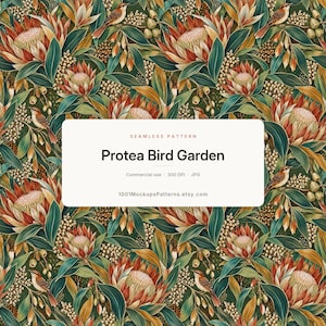 Puede incluir: Un patrón sin costuras con flores de protea rojas y blancas, hojas verdes y pequeños pájaros marrones. Un recuadro rectangular blanco muestra el texto: SEAMLESS PATTERN, Protea Bird Garden, Commercial use, 300 DPI, JPG, 1001MockupsPatterns.etsy.com.
