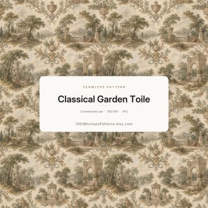 May include: A seamless pattern featuring a classical garden toile design in shades of brown and beige. The repeating motif includes architectural arches, domed structures, and urns. Text reads: Seamless Pattern, Classical Garden Toile, Commercial use, 300 DPI, JPG, 1001MockupsPatterns.etsy.com.