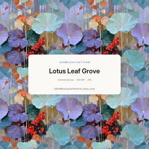 Lotusbladssömlöst mönster, botaniskt blommigt digitalt papper, lila blågrön orange akvarellupprepning för tygtapet, kommersiellt bruk JPG