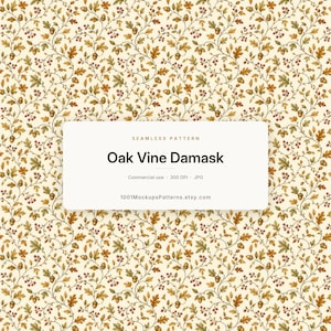 Oak Vine Seamless Pattern JPG, Autumn Damask Digital Paper, Fall Leaves Acorns Berries Print for POD Fabric Wallpaper, Commercial Use