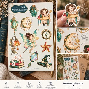 Könnte beinhalten: Ein Aufkleberbogen mit dem Titel Whispers of Matilde 005 mit elf Illustrationen, darunter eine Fee, ein Halbmond, eine auf Büchern schlafende Katze, eine Zaubertrankflasche, ein Kompass, ein Handspiegel, ein Hexenhut, eine Laterne und ein Stern.