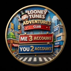 Puede incluir: Un letrero circular con el texto Looney Tunes Adventures Club, Me 3 Account y You 2 Account. El diseño incluye un personaje de dibujos animados con sombrero de copa, edificios urbanos, un banco, una cafetería y una tienda, con borde dorado.