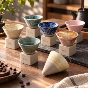May include: A collection of ceramic cups in various colours and patterns, each resting on a square stone base engraved with the word Name. One cup contains latte art, while another lies on its side. The cups feature speckled, striped, and marbled finishes in shades of blue, green, pink, and beige.
