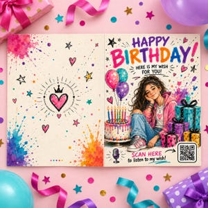 May include: A birthday greeting card featuring a colorful illustration of a person sitting next to a cake with candles, balloons, and gifts. The text reads HAPPY BIRTHDAY! HERE IS MY WISH FOR YOU! SCAN HERE to listen to my wish! with a QR code.