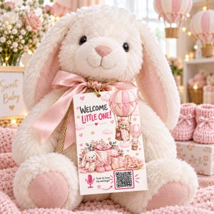 May include: A cream-colored plush rabbit with long ears and pink inner accents, wearing a pink satin ribbon around its neck. A rectangular tag hangs from the ribbon, featuring the text "WELCOME LITTLE ONE!", illustrations of hot air balloons, gifts, and a QR code.