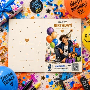 May include: A birthday greeting card featuring a person wearing a party hat, sitting next to a cake with candles and wrapped gifts. The card includes the text Happy Birthday, a microphone icon, and a QR code with the text Scan here to listen to my wish.