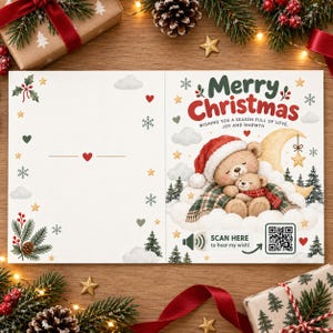 May include: A folded Christmas greeting card featuring a brown teddy bear wearing a Santa hat and holding a smaller bear on a cloud. The text reads Merry Christmas, wishing you a season full of love, joy and warmth, with a QR code to scan here.