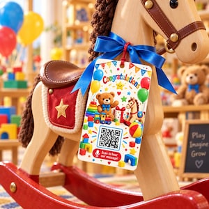 May include: A wooden rocking horse with a brown leather-look saddle, a red side panel featuring a gold star, and a blue ribbon tied around its neck. A rectangular tag hangs from the ribbon, displaying the text Congratulations, a QR code, and illustrations of a teddy bear, toys, and balloons.