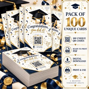 May include: A stack of rectangular graduation cards featuring a black mortarboard, a rolled diploma, and gold stars on a white background. The text reads Congratulations, You did it!, A brighter tomorrow awaits, and includes a QR code with a microphone icon.