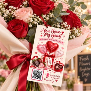 May include: A bouquet of red and light pink roses with baby's breath and eucalyptus, wrapped in light pink paper with a dark red ribbon. A rectangular tag features the text "You Have My Heart" and illustrations of heart balloons, chocolates, and a QR code.