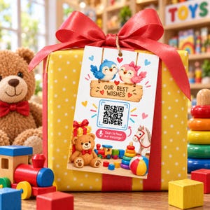 May include: A yellow gift box with white polka dots wrapped in a red ribbon and bow. A rectangular tag hangs from the ribbon, featuring two birds, the text "OUR BEST WISHES," a QR code, and a pink "Scan to hear our message!" speech bubble.