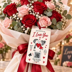 May include: A bouquet of red and light pink roses with baby's breath and eucalyptus, wrapped in white paper with a dark red ribbon. A rectangular tag attached reads: Just wanted to say... I Love You, with a cartoon couple, hearts, and a QR code.