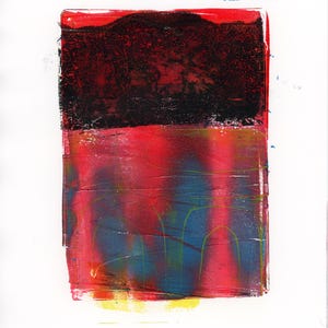 May include: A rectangular abstract print featuring a dark, textured black and red upper section above a vibrant lower section with blended layers of red, blue, and yellow. Thin, light green arched lines are visible across the lower portion.