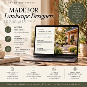 以下が含まれることがあります： 「MADE FOR Landscape Designers」や「Understanding the Vision」というテキストが表示されたノートパソコン。画面には住宅の外観が映し出され、アイコンとテキストで15ページのカスタマイズ可能なデジタルフレームワークについて説明されています。