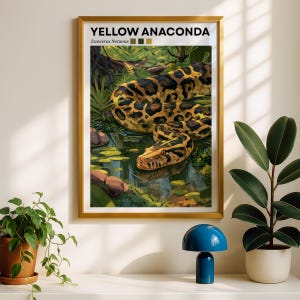 May include: A framed wall art print titled YELLOW ANACONDA with the scientific name Eunectes Notaeus. The illustration depicts a yellow and black patterned snake resting in a green swampy habitat with lily pads and dark water reflections.