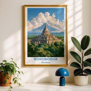 Borobodur Indonesia Wall Art, Buddhist Temple Print, Java Volcano Landscape, Southeast Asia Home