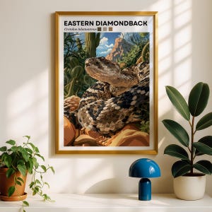 May include: A framed wall art print titled EASTERN DIAMONDBACK Crotalus Adamanteus featuring a detailed illustration of a rattlesnake in a desert landscape with cacti, rocky terrain, and a blue sky, enclosed in a thin gold-coloured metal frame.