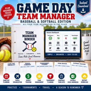 May include: A digital game day team manager binder for baseball and softball featuring a white binder with a baseball graphic, a laptop displaying a season dashboard, a white tumbler with text, and various printable planning sheets for team organisation.