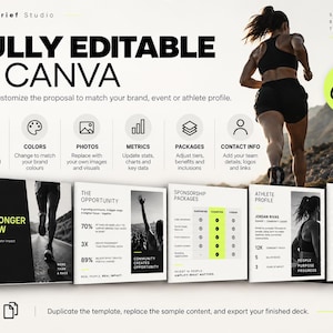 May include: A digital sponsorship proposal template featuring a black, white, and lime green color scheme. The design includes sections for athlete profiles, sponsorship packages, and next steps, with text stating FULLY EDITABLE IN CANVA.