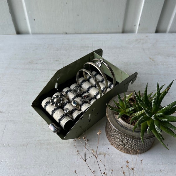 Ring and Bangle Display Bin - Vintage Industrial Farmhouse Jewelry Display - Green Metal Bin with Black and White Ticking