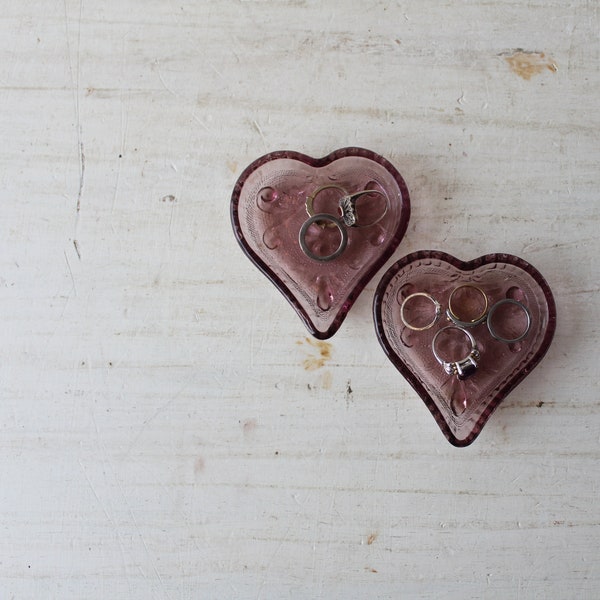 Pair Vintage Heart Shaped Ring Dish - Amethyst Purple - Indiana Sandwich Glass - Trinket Dish - Ring Holder 4" x 3.5"