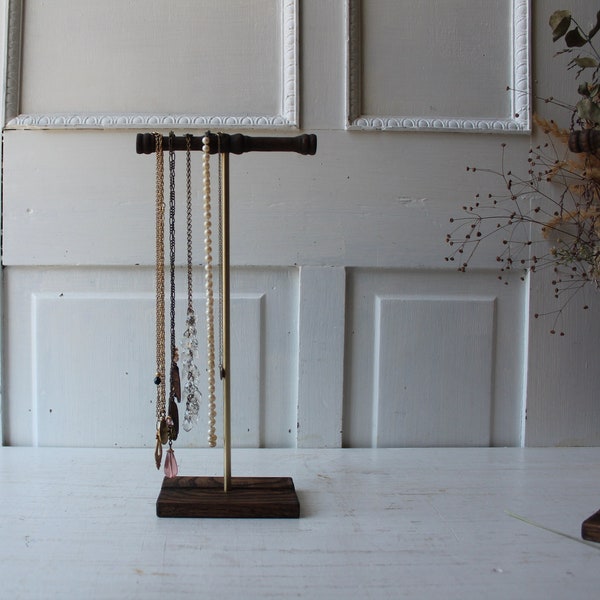 ONE Dainty Necklace Display - Salvaged Oak & Solid Brass - Architectural Salvage -  T Bar Display - T Stand - Necklace Holder Organizer 12"