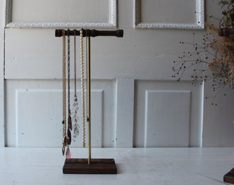 ONE Dainty Necklace Display - Salvaged Oak & Solid Brass - Architectural Salvage -  T Bar Display - T Stand - Necklace Holder Organizer 12"